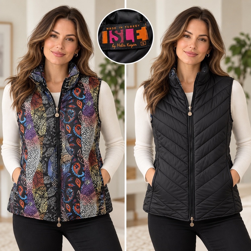 ISLE by Melis Kozan Puffer Vest Womens S Black Multi Reversible Paisley Mosaic